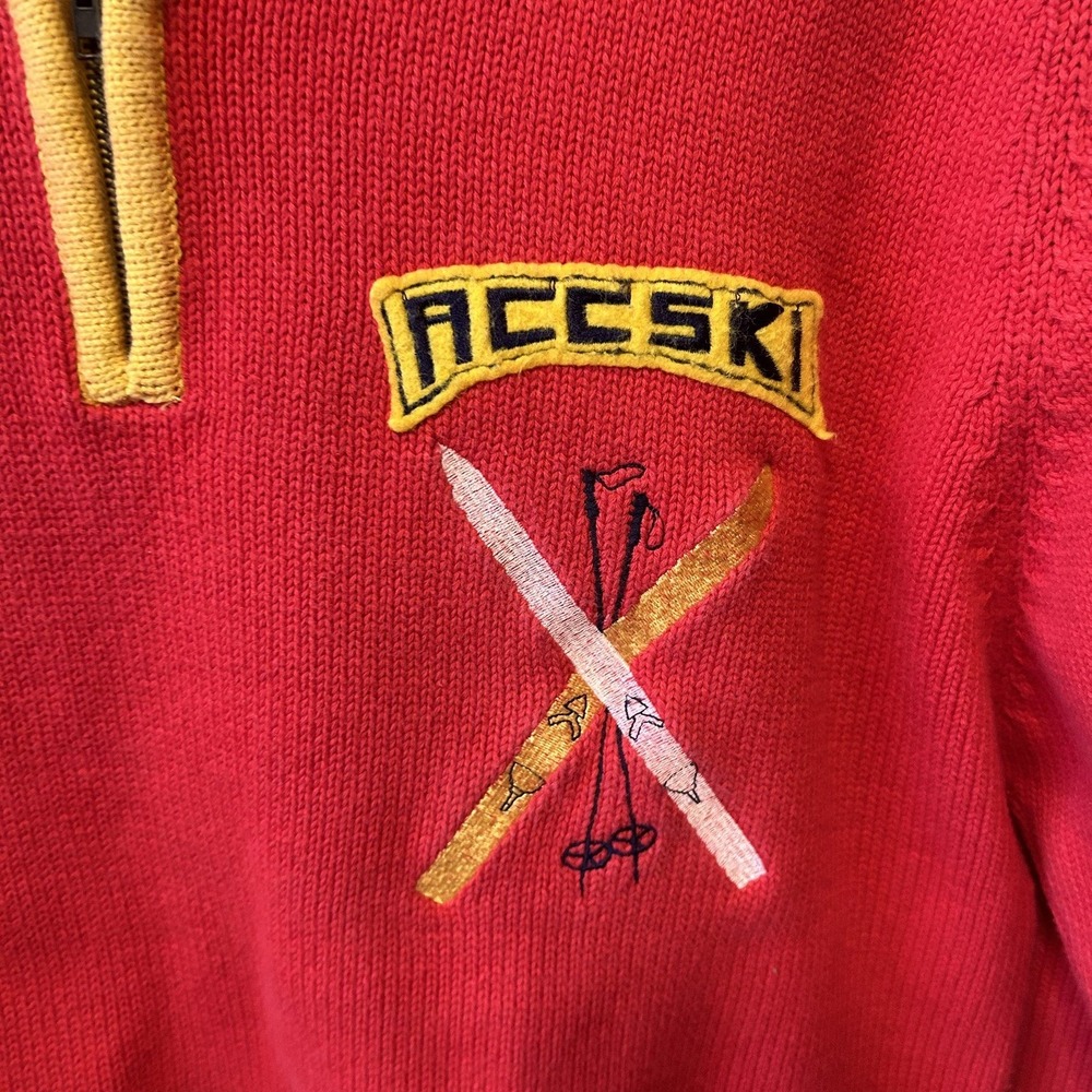 Anne Cole Collection Vintage Ski Sweater Red Navy Yellow 1/4 Zip Cotton Large - Picture 6 of 13